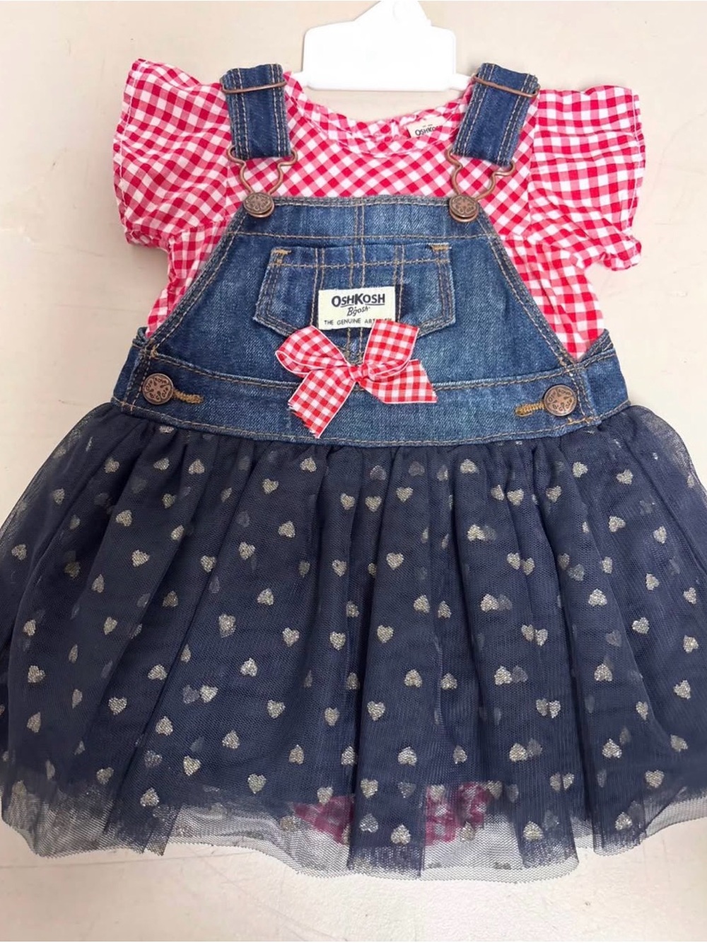 OshKosh B'gosh Red Gingham Onesie with Denim Heart Tulle Skirt Dress